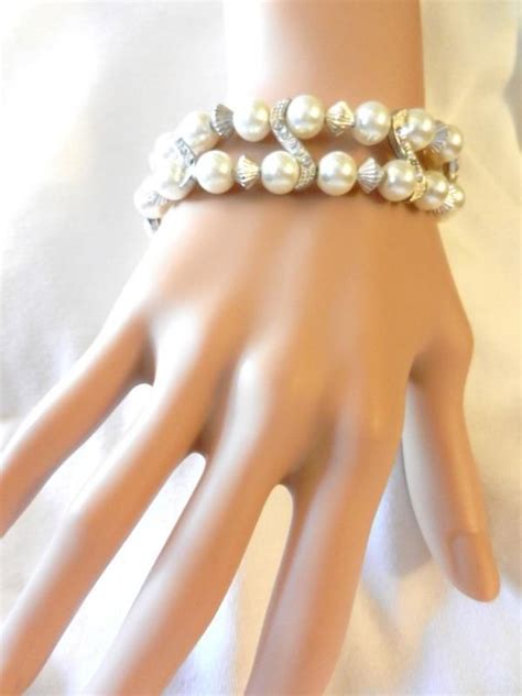 New White Silver Charming Beads Stretch Rhinestones Faux Pearl