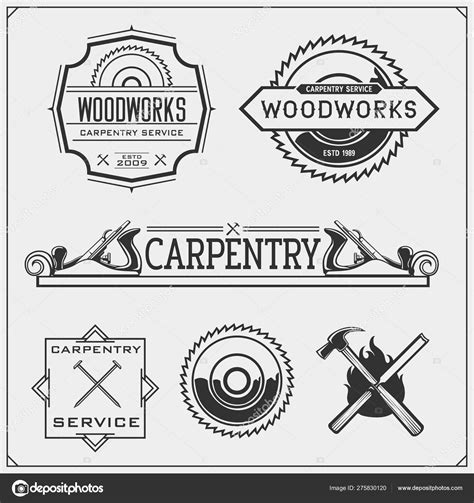 Set Vintage Carpentry Emblems Woodwork Labels Badges Logos Design