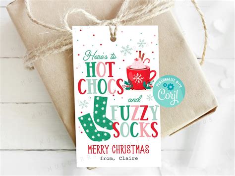Printable Hot Chocolate And Fuzzy Socks Christmas Gift Tag Secret Santa Holiday Hot Cocoa Treat