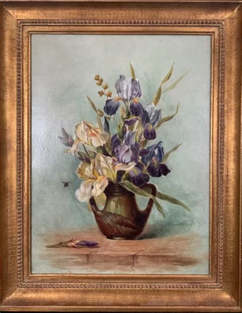 Tableau Ancien Bouquet D Iris Vase Sign Insecte Nature Morte Me