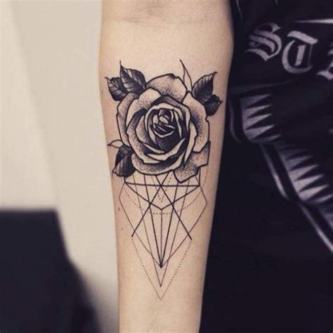 Rose Flower And Geometrical Lines And Figures Forearm Black And White