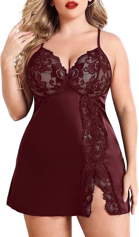 Avidlove Women Lingerie Satin Nightgown Side Slit Lace Chemise Sleepwear Plus Size Nightwear