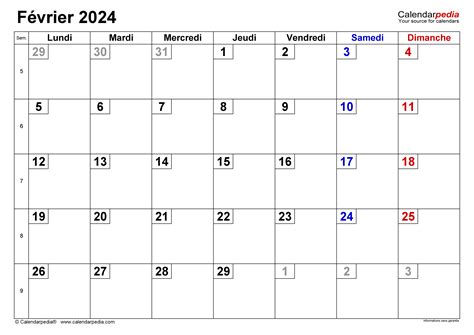 Calendrier février 2024 PDF, Excel et Word | Calendarpedia