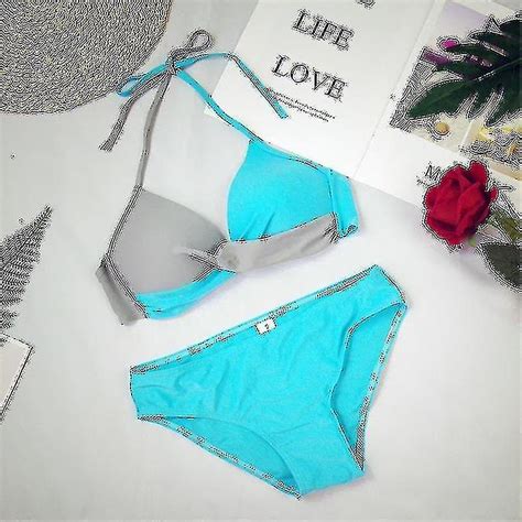 Kvinder Farveblok Bikini sæt Polstret Skub op Badetøj Badedragt Grime hals badedragt Fruugo DK