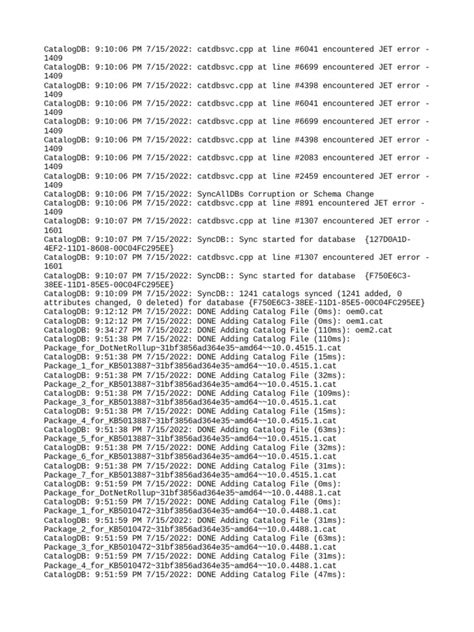 Catalogdb Log Entries Detailing Catalog File Additions And Jet Database