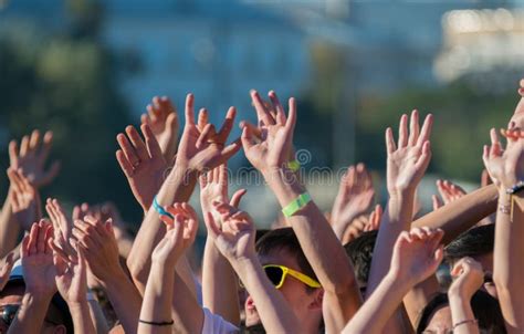 Crowd Of Fans Cheering At Open Air Music Festival Editorial Photography