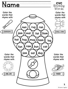 Rhyming Words Coloring Activities By Smarter Together TpT