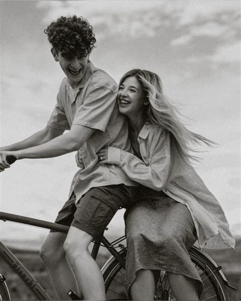 Couple Riding Blue Bike Friend Poses Photography