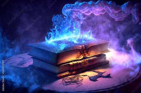 Pile Of Books Burning In The Magic Flames Of Wisdom Revealing Their