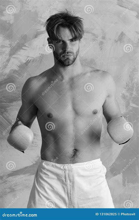 Sports And Combat Guy With Naked Torso Wears Boxing Gloves Stock Image Image Of Hair Health