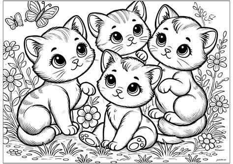Four pretty cats with butterflies - Cat Coloring Pages