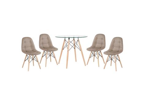 Kit Mesa De Vidro Eames 80 Cm 4 Cadeiras Estofadas Eiffel Botonê Nude o Melhor Preço é