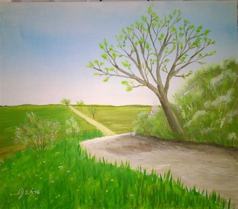 Malkurs online: Frühlingspartie am Weg mit Baum – Malen macht Spass