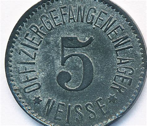 1918 Germany NEISSE Poland German WWI POW 5 Pfennig Coin Officer POW