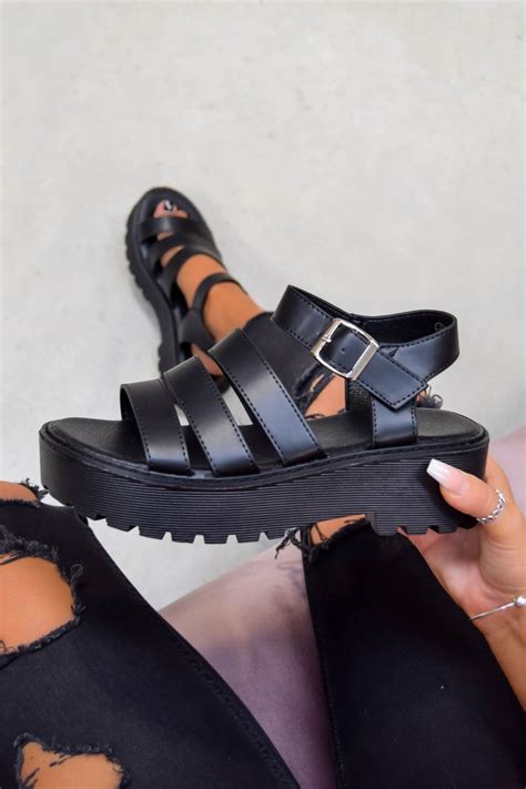 Step Out Chunky Platform Gladiator Sandals Black Pu Aj Voyage