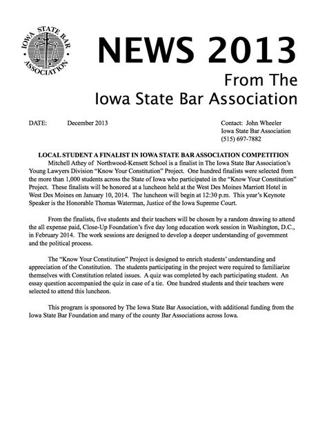 Northwood Kensett Mitchell Athey Finalist In Iowa State Bar