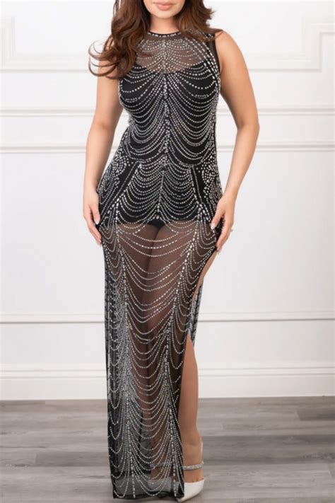 Wholesale Sexy Patchwork Hot Drilling See Through Slit O Neck Long Dress Dresses K Online