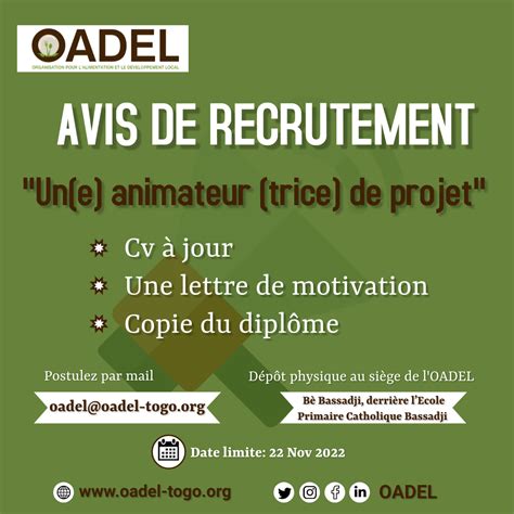 APPEL A CANDIDATURE AU POSTE DANIMATEUR TRICE DU PROJET TERSAA