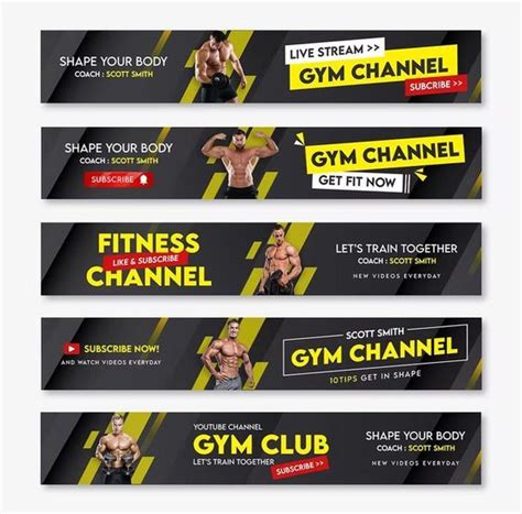 Three Gym Banners With The Words Gym Club And Two Mens Torsos On Them