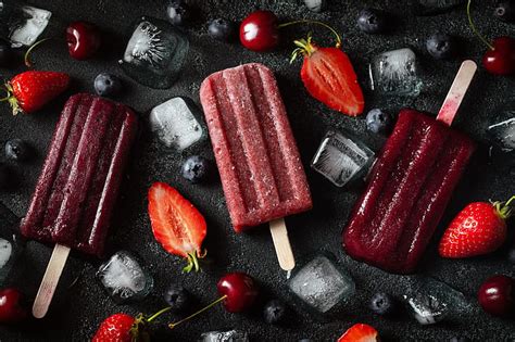 Strawberries Cherries Food Fruit Popsicle Ice Cubes Blueberries