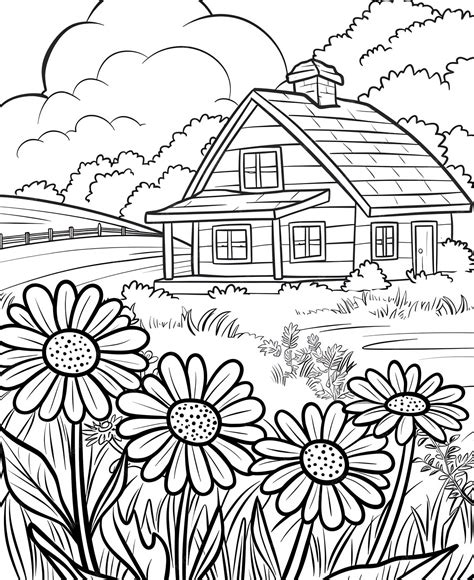 A black and white drawing of a house with a house in the background