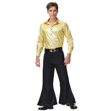 Men S 70s Disco Dancing King Shiny Shirt Bell Bottoms Outfit Masquerade