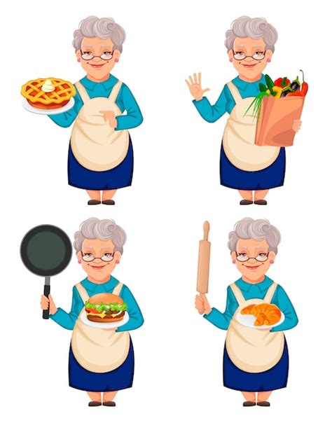 Vieja Abuela Linda Mujer Conjunto De Cuatro Poses Vector Premium