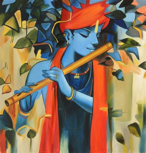 Krishna Hindu Deity Art Handmade Indian Portrait Oil On Canvas Decor