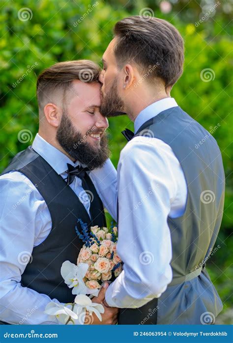 Gay Couple Wedding Gay Couple Sensual Kissing Gay Marriage Closeup Male Kiss Stock Photo