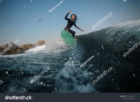 Beautiful Brunette Girl Swimsuit Riding On Stock Photo Shutterstock