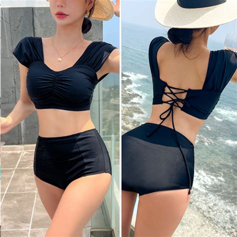 女生泳衣 高腰遮肚比基尼 bikini 純色性感性感比基尼 二件式泳衣 女生泳衣 夏天泳衣 大碼泳裝 蝦皮購物