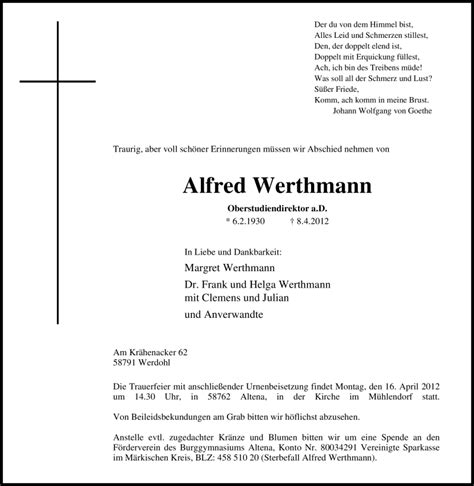 Traueranzeigen Von Alfred Werthmann Trauer In Nrw De