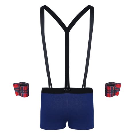 FEESHOW Sexy Men S School Boy Lingerie Set Boxer Briefs With Y Back Suspenders Outfits Navy Blue