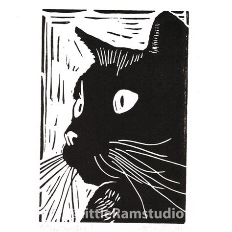 Black Cat Titled Curiosity Linocut Print Folksy