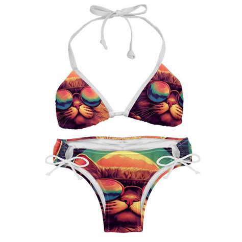 Retro Cat Swimming Suit Bikini Set Bikinis Detachable Sponge Adjustable Strap Two Pack Beach
