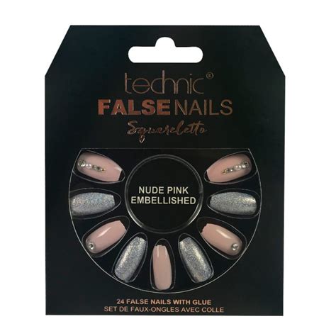 Technic Squareletto False Nails Nude Pink Embellished 6pcs