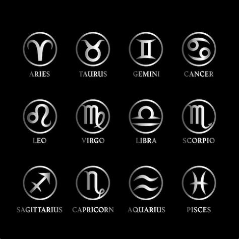 Conjunto de signos y símbolos del zodiaco de metal plateado con nombres