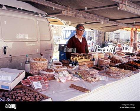 Market Stall Selling Nuts And Dried Fruits Pano Lefkara Cyprus Stock