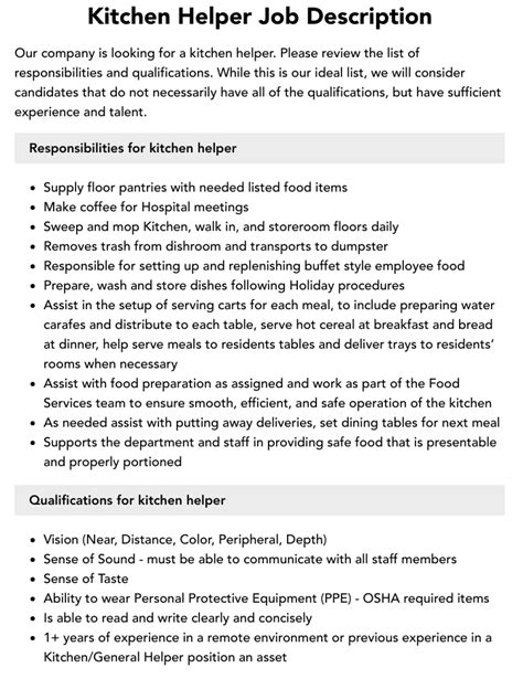 Kitchen Helper Job Description Velvet Jobs