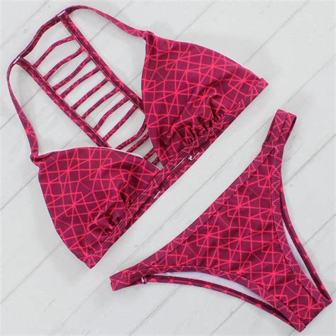 Brand Sexy Cut Out Bikini Wine Red Bandeau Bathing Suits Women Swimwear