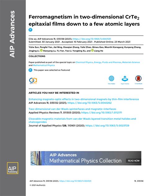 PDF Ferromagnetism In Two Dimensional CrTe 2 Epitaxial Films Down To