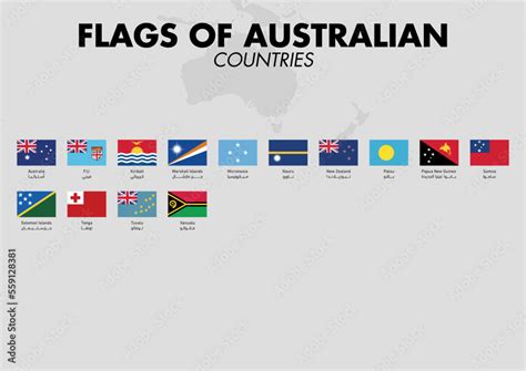 Australian Countries Flags With Country Names And A Map On A Gray