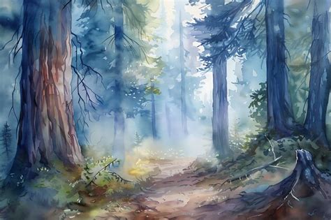 Watercolor Painting Of A Misty Forest Path Premium Ai Generated Image