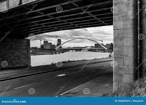 Black and White of a Bridge on the River. Stock Image - Image of water ...