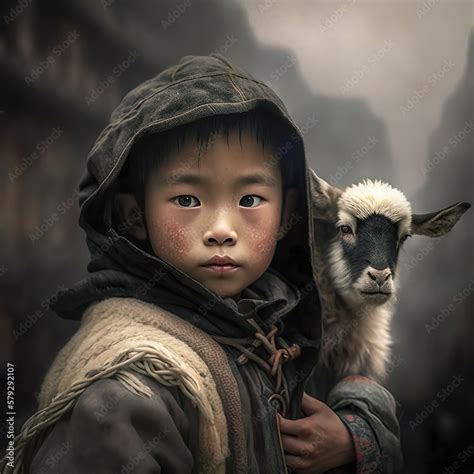 Poor Asian Shepherd Boy In Traditional Dress With A Lamb In His Arms