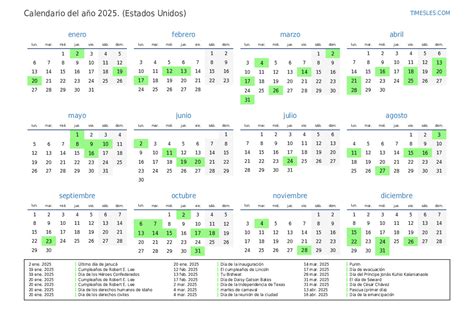 Calendario 2025 Con Días Festivos En Estados Unidos Imprimir Y