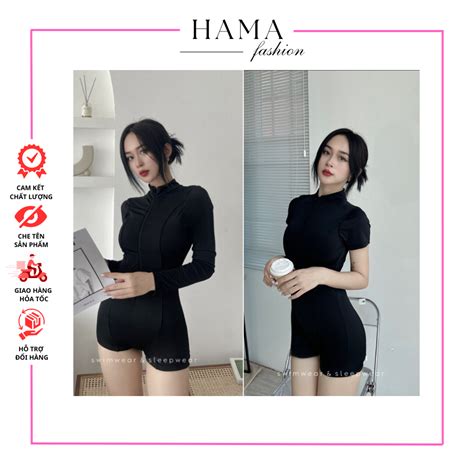 Bikini mảnh khóa kéo dài tay dáng short che khuyết điểm Đồ bơi liền thân bodysuit sẵn đệm mút