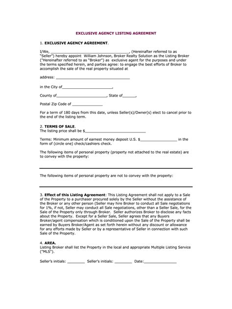 Exclusive Agency Listing Agreement Fill Online Printable Fillable