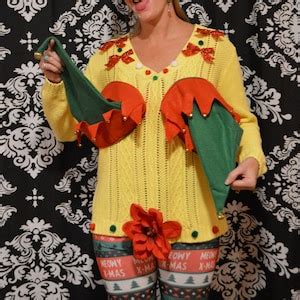 Ugly Christmas Sweater Xl Sexy Christmas Sweater Woman S Elf Hat Boob Chest Breasts Xmas