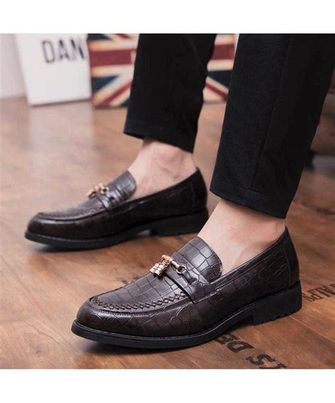 Men S Brown Leather Slip On DressShoes Metal Buckle Croco Skin